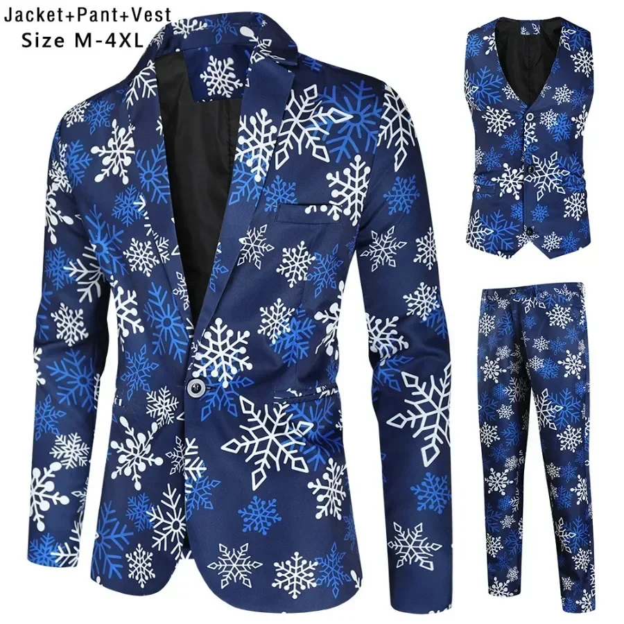 New 2026 Men's Slim Christmas Suits 3D Printed Three-Piece Suit Blazers Jacket+Trousers+Vest Sets Man Prom Party Stage Costumes