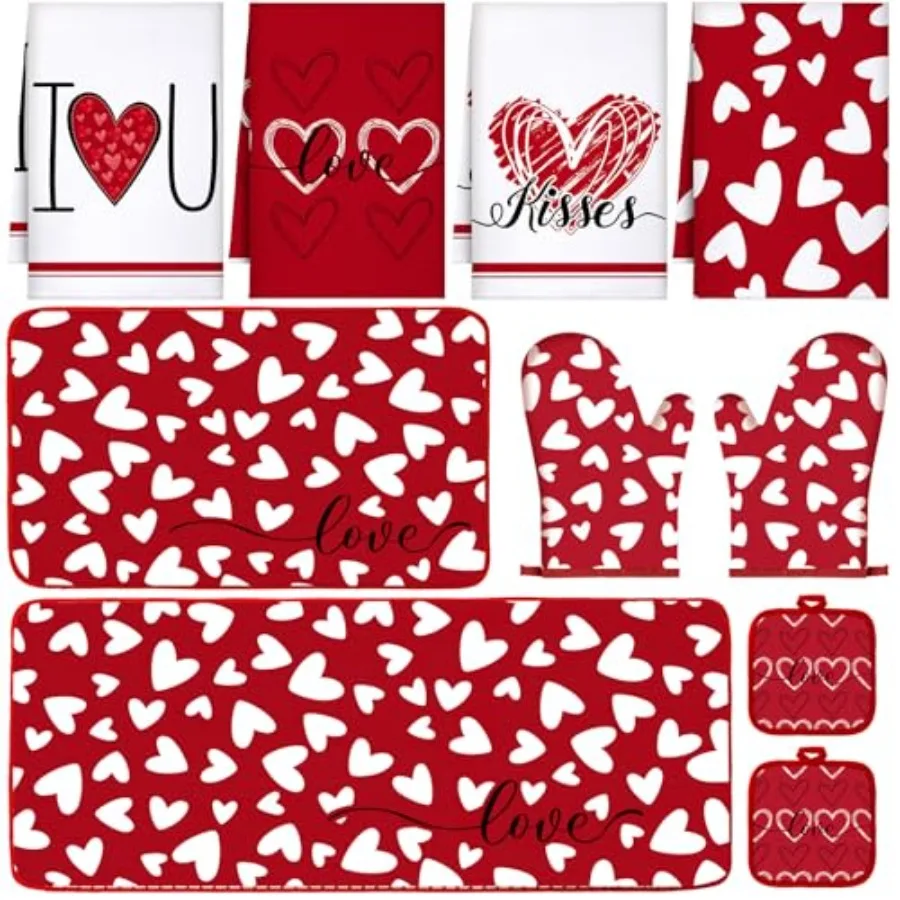 10 Pcs Valentine's Day Kitchen Decor Set Heart Kitchen Towels and Rugs Oven Mitts and Pot Holders Set Absorbent Tea Hand Towels