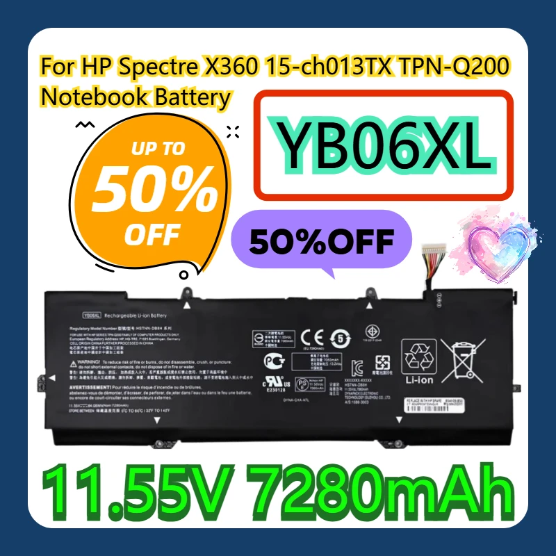 

For HP Spectre X360 15-ch013TX TPN-Q200 YB06XL 11.55V 7280mAh Notebook Battery