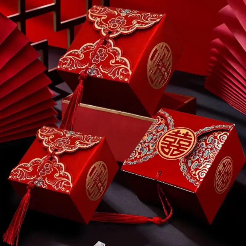 50pcs Retro Red Wedding Gifts Packaging Box Chinese Style Candy Boxes Gift Wedding Gifts for Guests Mariage Paper Handmade Packa