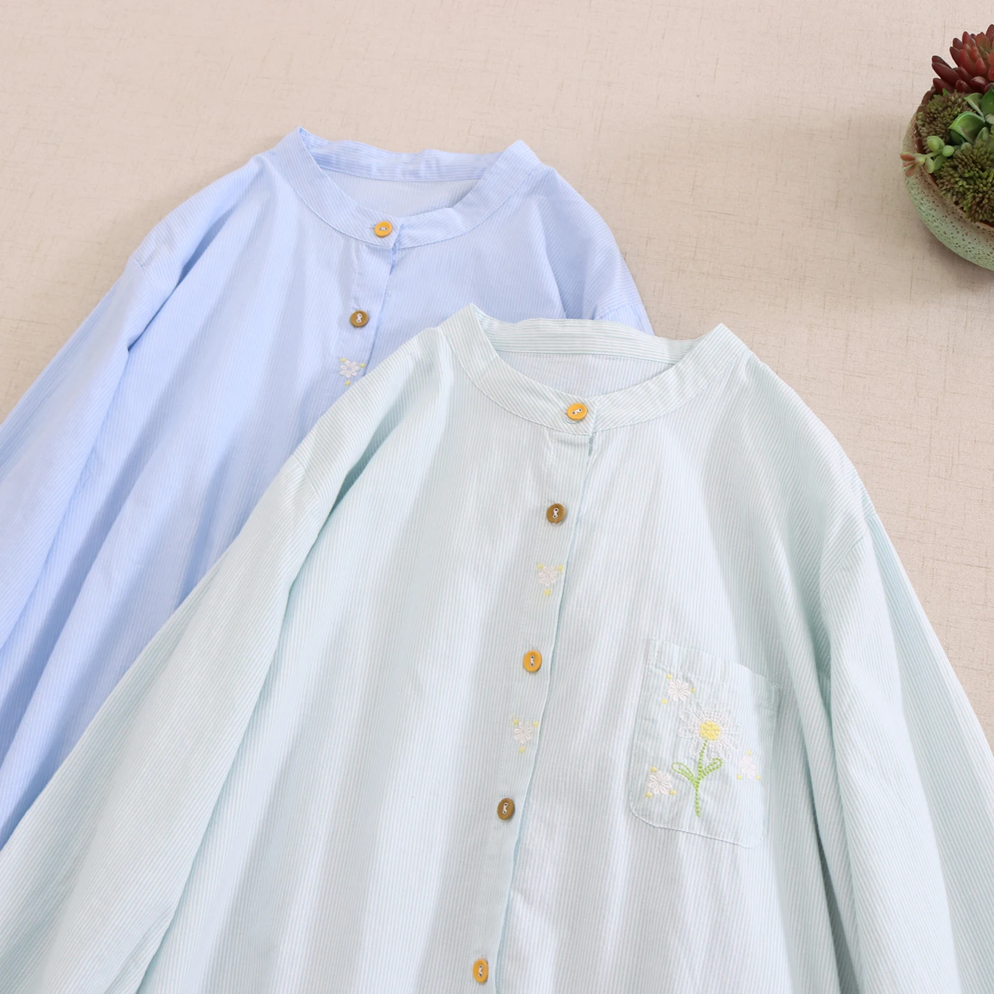 فستان قميص ياباني سويت موري جيرل عتيق مخطط مطرز بالزهور 100% قطن فستان نسائي بياقة واقفة وأكمام طويلة فساتين غير رسمية