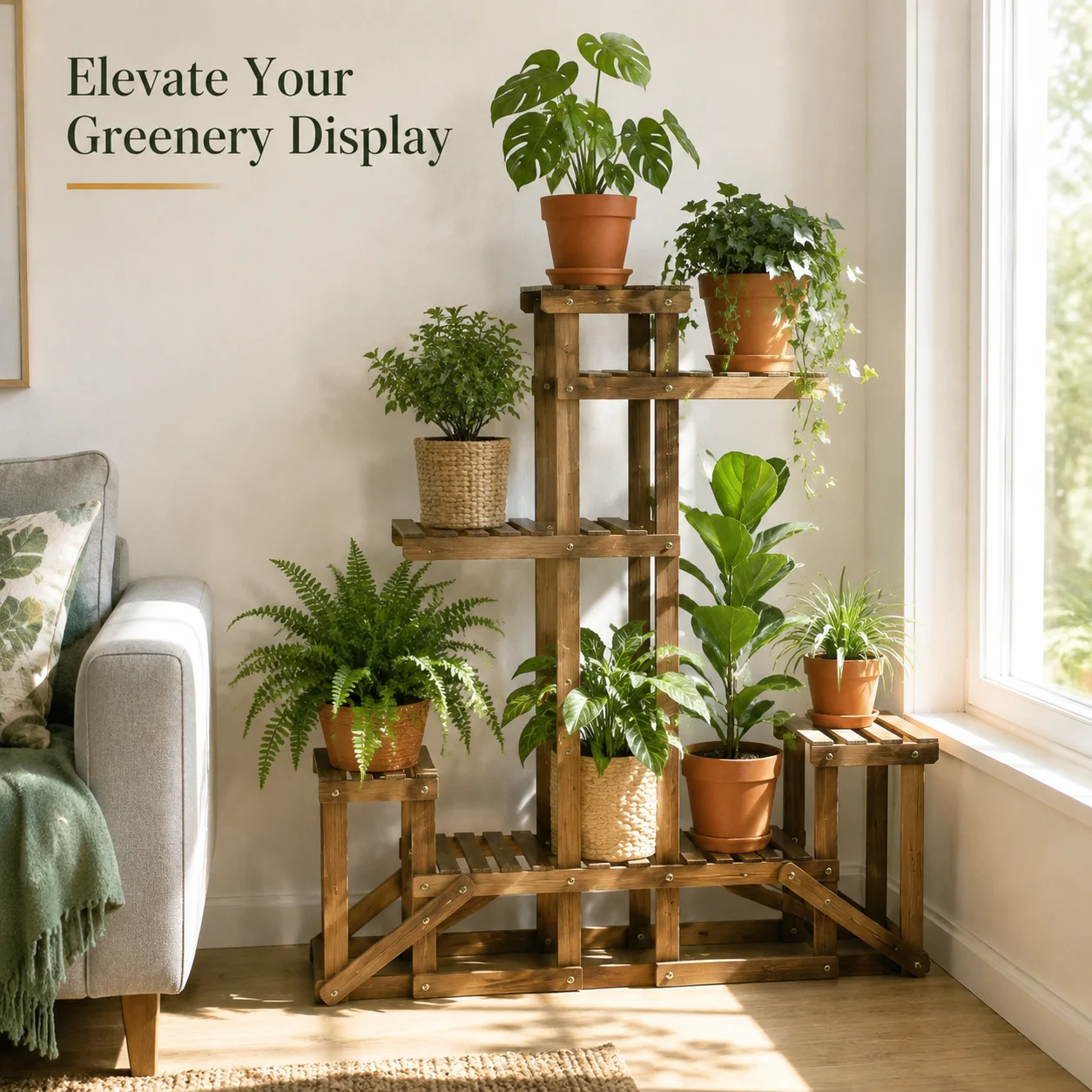 Étagère à plantes à 6 niveaux, étagère à fleurs en bois massif carbonisé, 98x28x96,5 cm, étagère haute en forme d'échelle pour plantes en pot, intérieur/extérieur