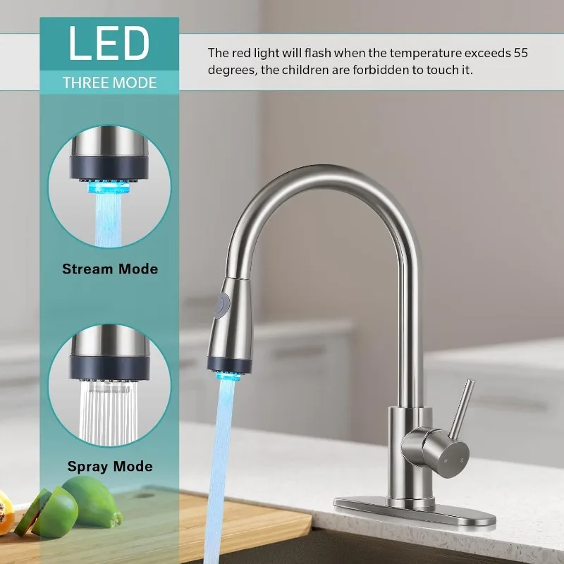 LED Kitchen Faucet with Pull Down Sprayer, Brushed Nickel Single Handle Kitchen Sink Faucet with Pull Out Sprayer