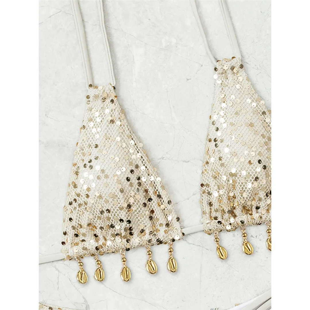 Glänzender Pailletten-Bikini mit Neckholder, Damen-Badeanzug, zweiteiliges Bikini-Set, brasilianischer Badeanzug mit Polsterung, Badebekleidung, Schwimmanzug V7619 – Detail 5