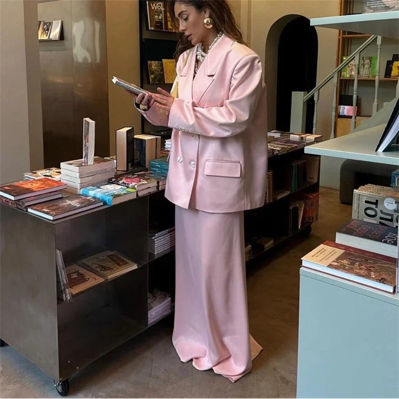 Satin Midi Skirt Suit Set Commuter Spring Autumn Collared Long Sleeve Blazer For Women Office Work Travel Elegant Birthday Gift