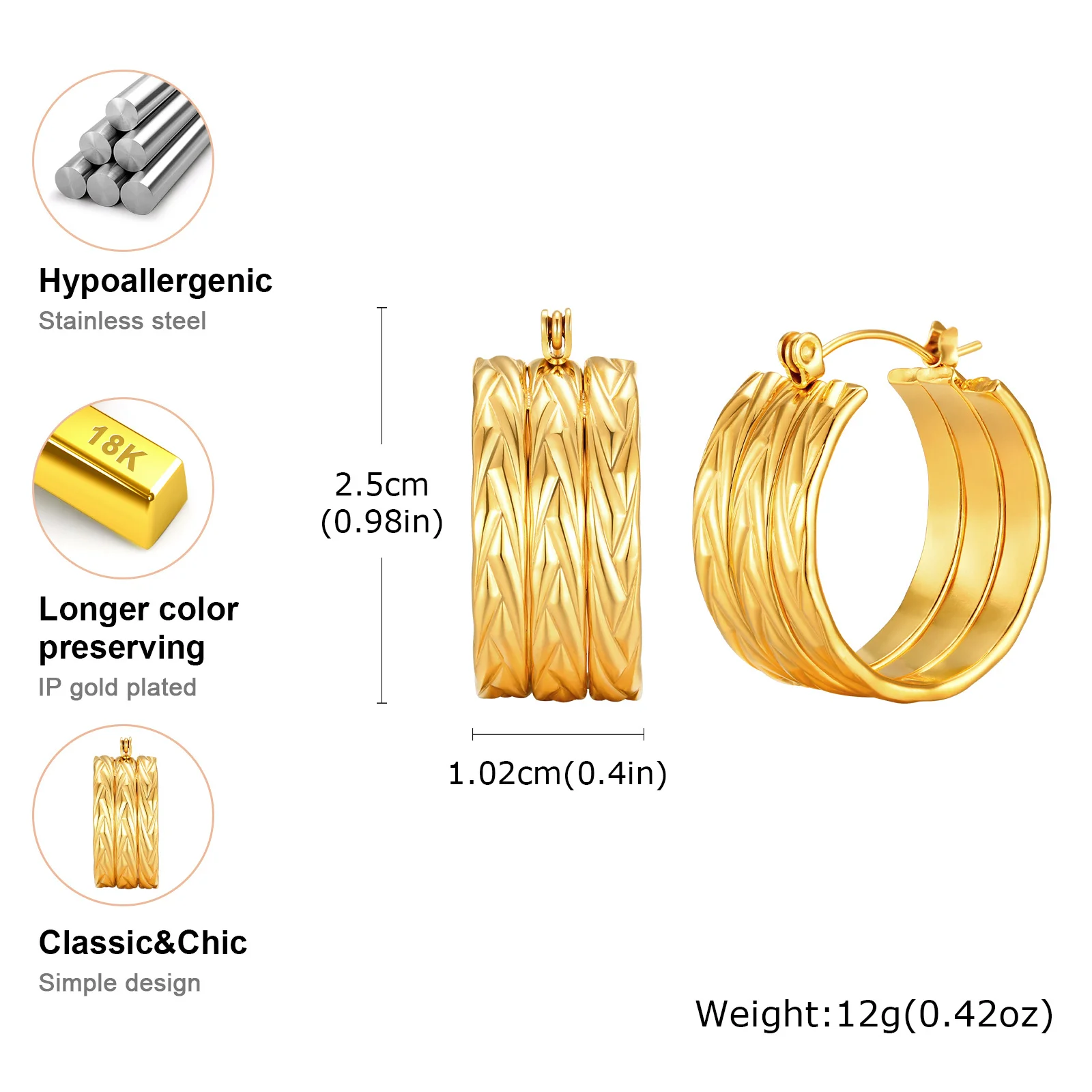 Vnox Chunky Earrings Gold Color For Women,3 Hoops Atmosphere C-shaped 1 pair Earrings,Stainless Steel Jewelry Ear Decoration
