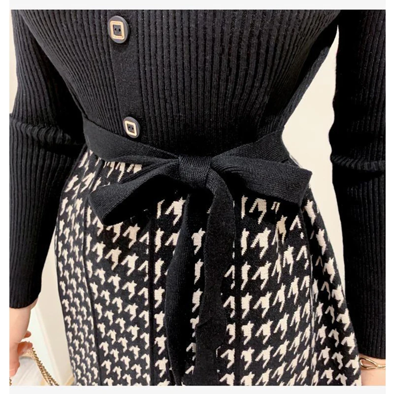 Women Korean Fashion Houndstooth Bow Lace Up Elegant Chic Knitted Dresses Autumn Winter Half High Collar Slim Long Sleeve Dress