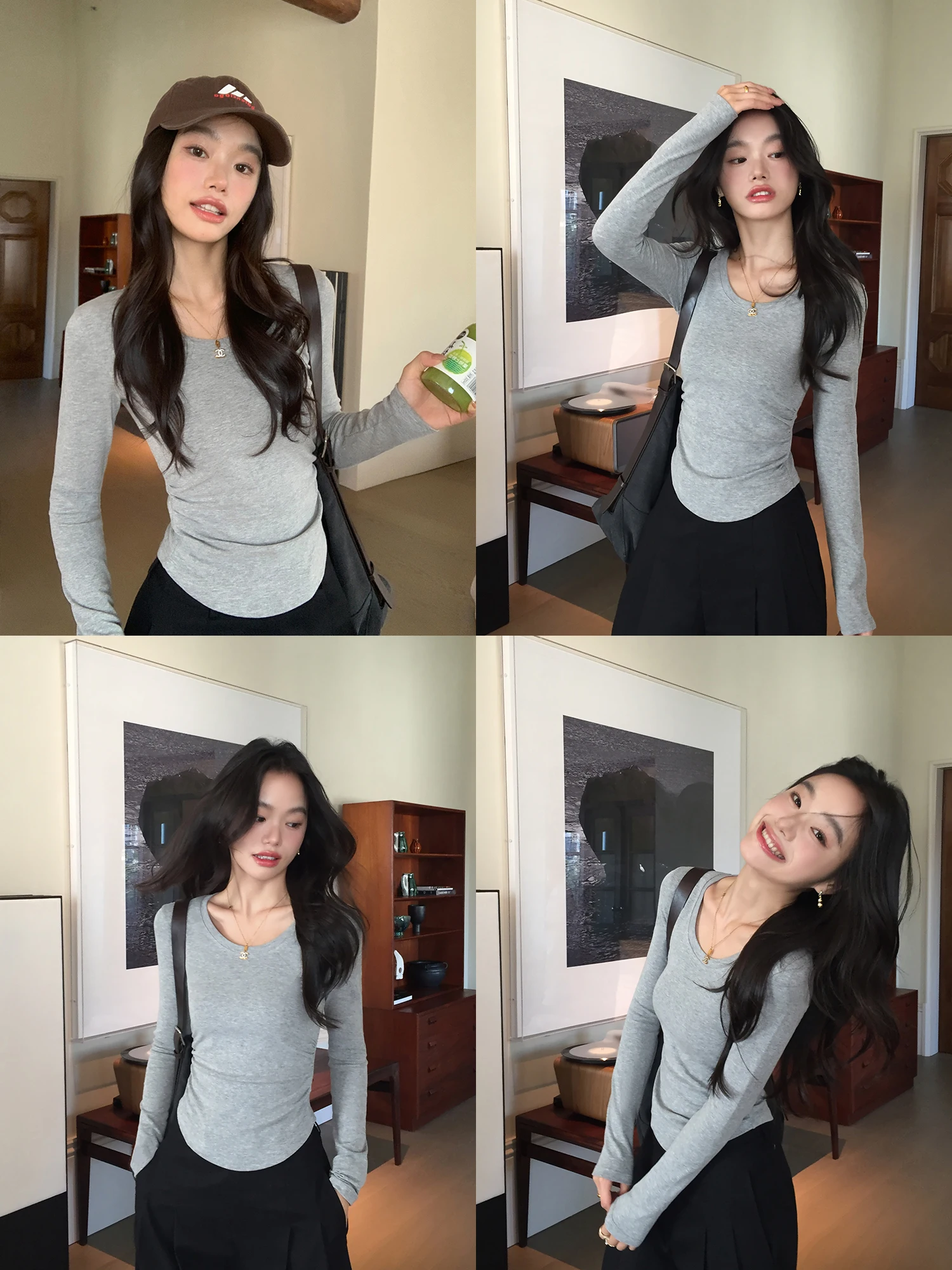 

Pusumede Long Sve трикотажная футболка женская Slim Fit U-Ne повседневная смесь хлопка эластичное волокно oulder уровень талии