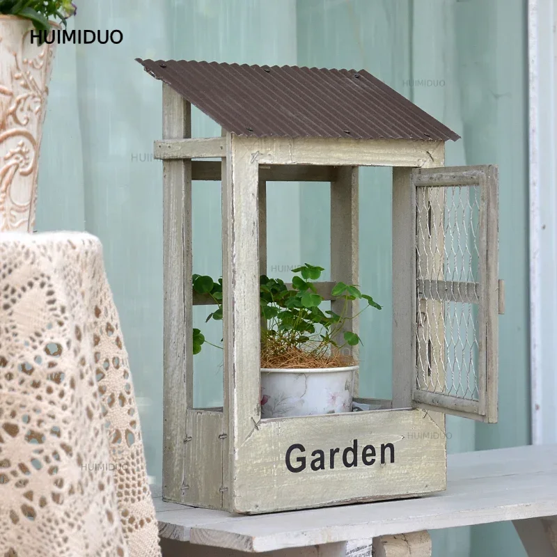 Wooden Cottage Style Wall Planter Tin Roof Wire Door