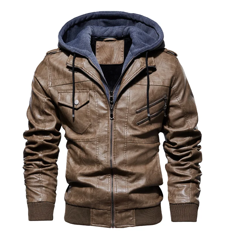 

Retro Motorcycle Leather Hooded Coats Male Business Zipper Leather Jackets Clothing Winter Men's PU Leather Jacket Casual Man