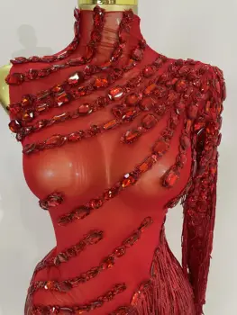 閃亮水鑽流蘇性感透視連身裙 女士單肩拉丁舞服裝 酒吧夜總會派對舞台服裝 8 最佳銷售 夏日派對禮服 - №1