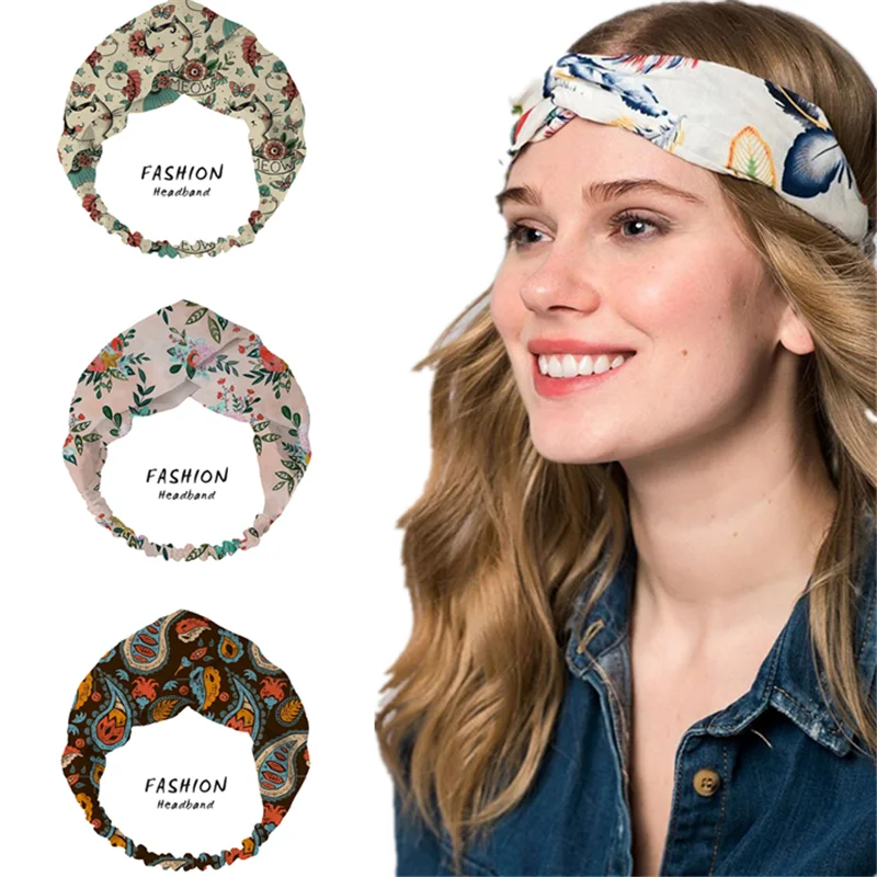 Fashion Women Girls Bohemian Hair Bands Cats Print Headbands Retro Turban Bandage Bandanas HairBands Hair Accessories Headwrap