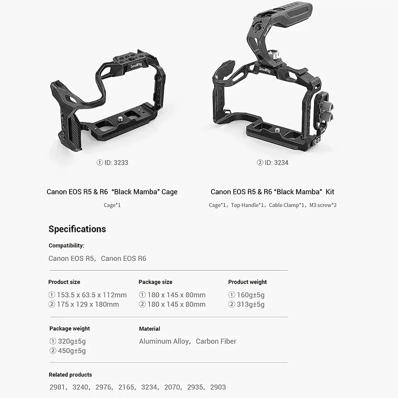 SmallRig 3233 3234 Black Mamba Camera Cage Kit for Canon EOS R5 R6 R5C With Cable Clamp Top Handle Photography Accessory