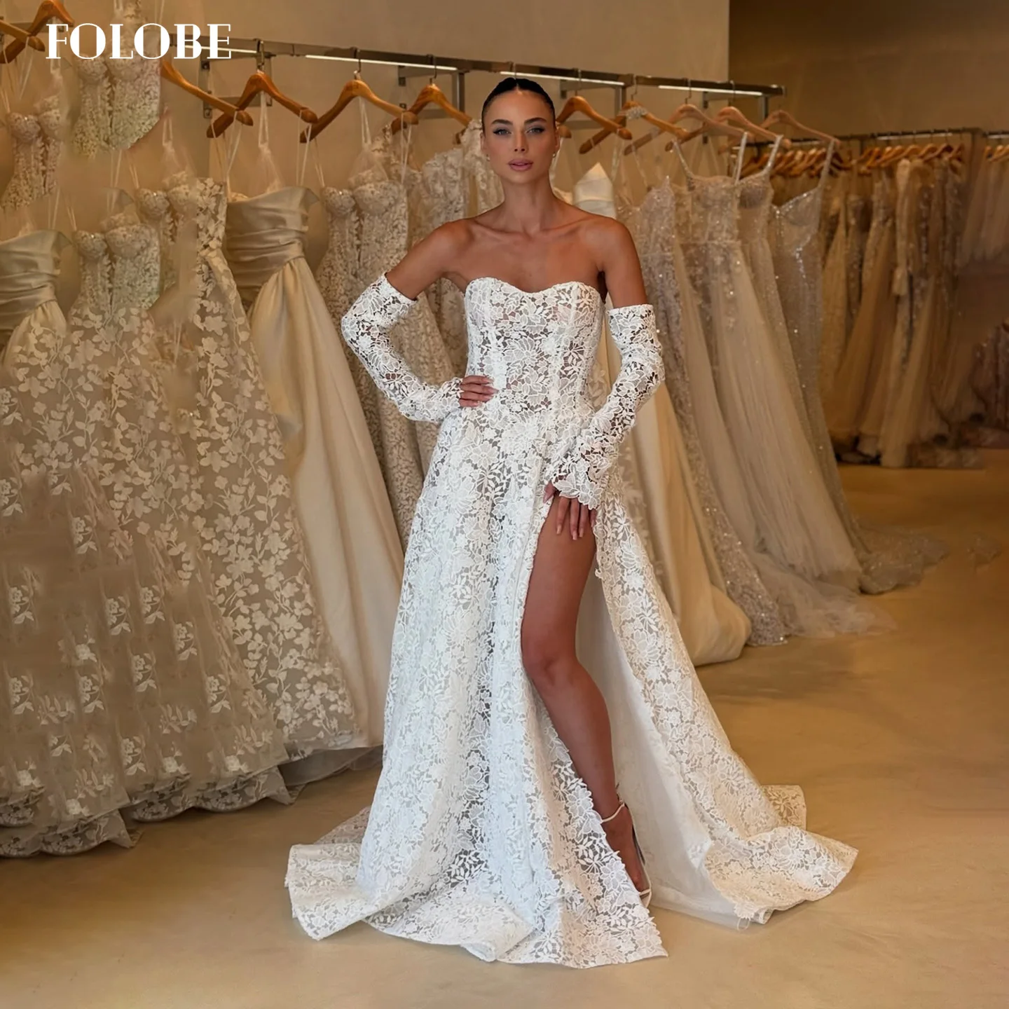 

FOLOBE White A-Line Evening Dresses Lace Sweetheart with High Slit Shiny Elegant Woman Wedding Dresses Prom Gown Customized