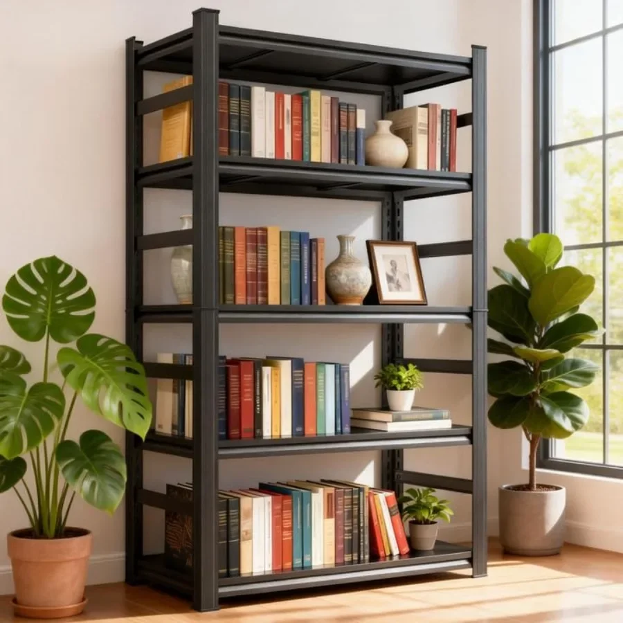

Modern Metal Bookshelf 1500LBS Industrial Tall Display Bookcase Adjustable Bolt-Free Storage Shelves for Living Room Bedroom Ga