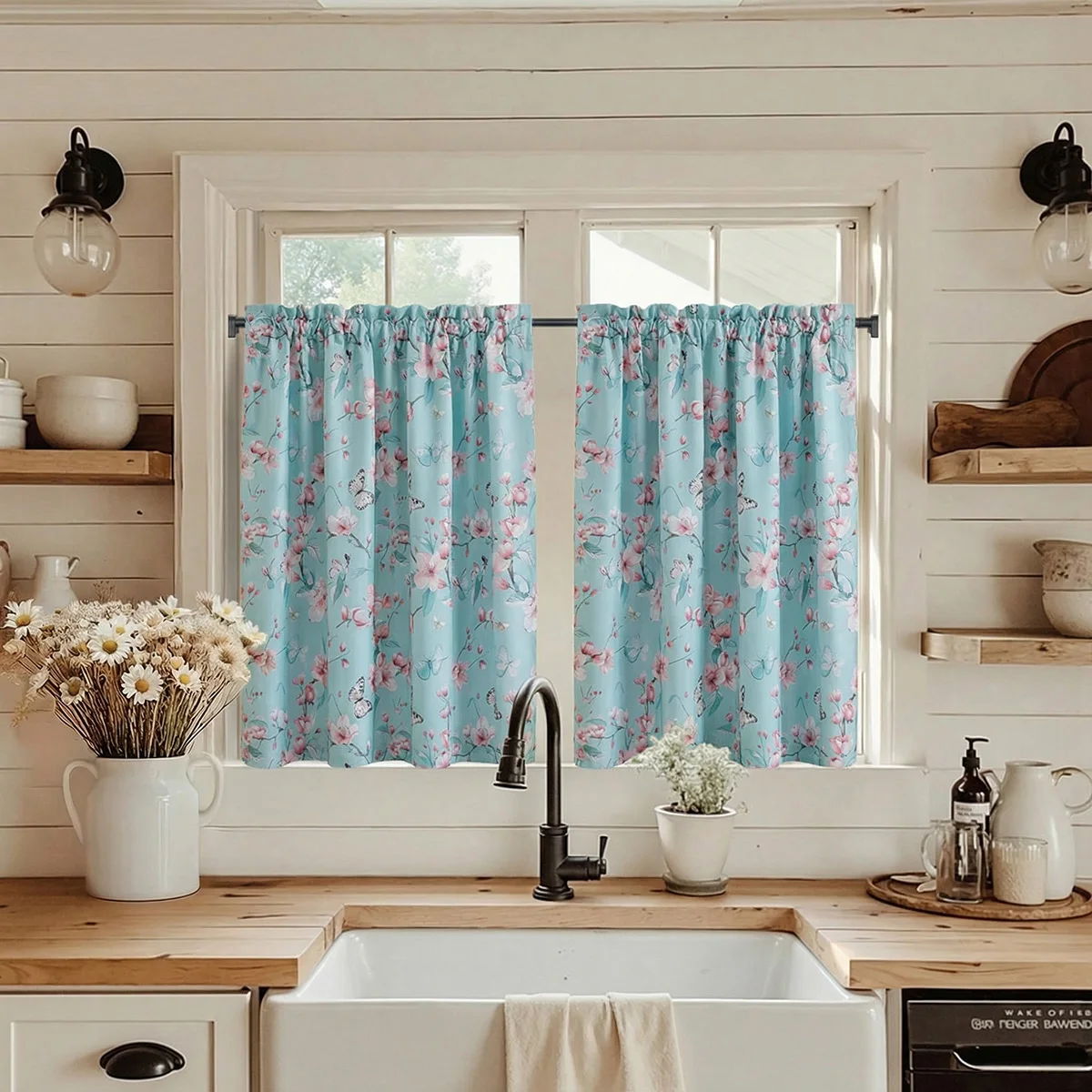 2-Piece Set, European-Style Printed Kitchen Three-Piece Blackout Curtains, Short Curtains, Beautiful Printed Design, Fade-Resistant, Exquisite Rod Pockets, Easy to Install, Lightweight and Soft, Black Coating Lining, 100% Blackout Effect, Privacy Protection, Polyester Material, Washable, Suitable for All Seasons, Darkens the Room, Suitable for Bedrooms, Living Rooms, Offices, Kitchens, Dorms