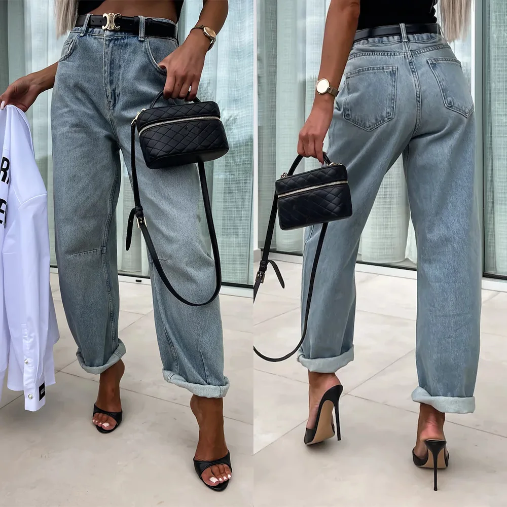 Jeans Women Denim Straight Pants Mid Waist Vintage Pockets Button Basics Ankle Length Trousers Solid Streetwear Casual Denims