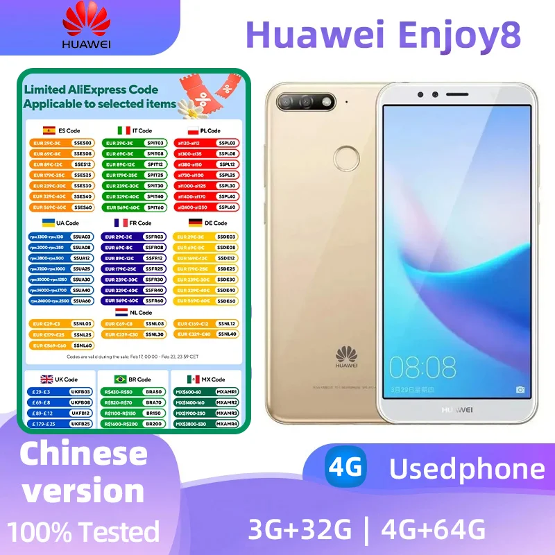 Huawei Enjoy8 4g SmartPhone CPU Qualcomm Snapdragon430 Battery Capacity 3000mAh 13MP Camera Original Used Phone