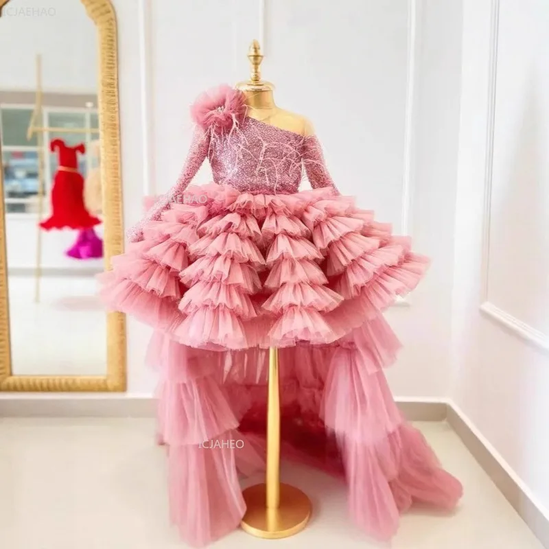 Kids Girl Party Princess Dress with Train Children Piano Girl Wedding Evening Party Celebration Performance Pageant Gown Flower