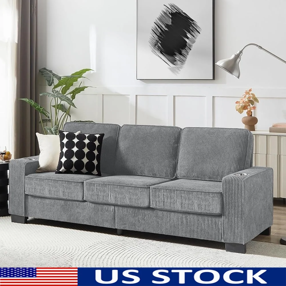 

Modern Corduroy Couch Sofa with Extra Deep Seat Comfortable Upholstered 3 Seater with Cup Holders Living Room Furniture