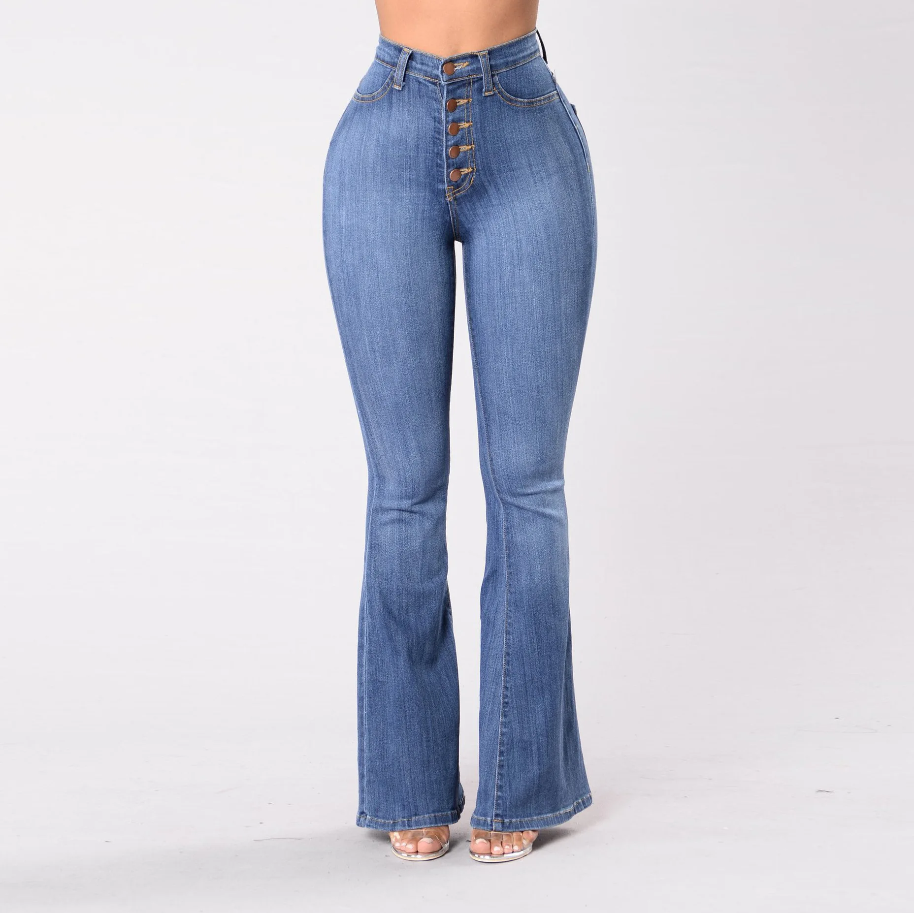New Women Retro High Waist Flare Jeans Single Breasted Button Fly Slim Stretch Bell Bottom Denim Pants Multi Colors Streetwear