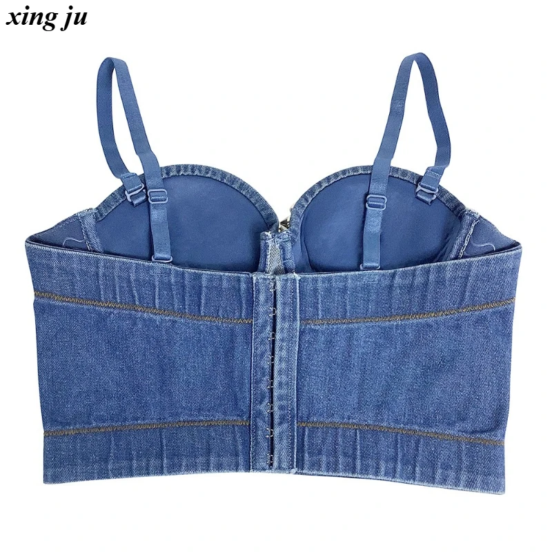 شينغ جو ملهى ليلي DJ مثير الدنيم المحاصيل القمم النساء ملابس رقص الجاز الملابس النسائية موضة الماس حبال سترة المغني المرحلة ارتداء #5