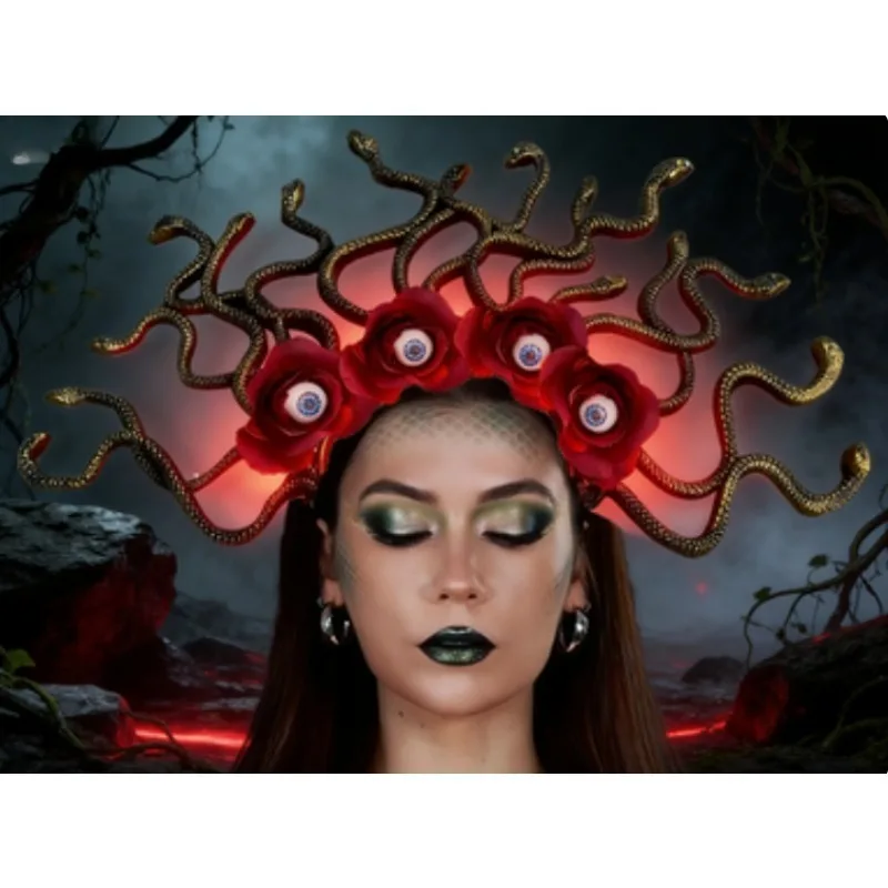 

LED Light Up Medusa Headband with Fake Eyeballs & Roses | Glowing Snake Hair Hoop for Women Maternity Photography Cosplay