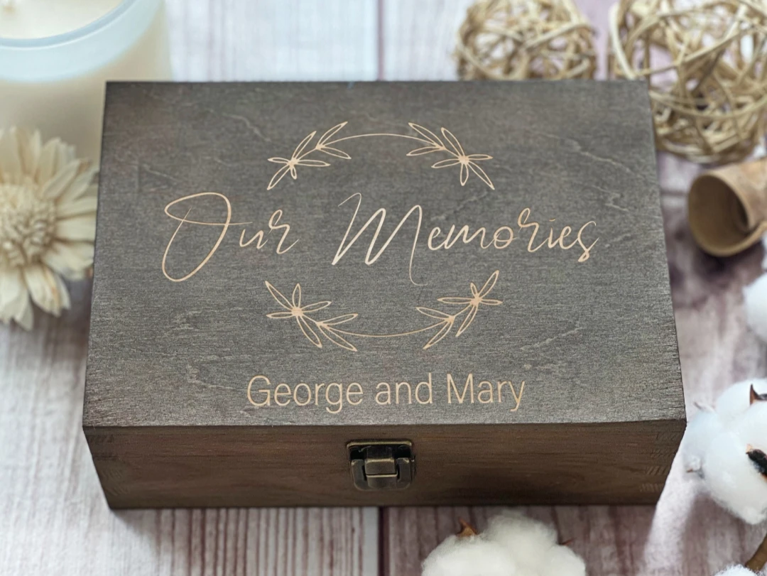 

Personalized Wooden Box Anniversary Gift Couple Gift Wedding Keepsake Box, Custom Engraved Memory Box Natural Wood