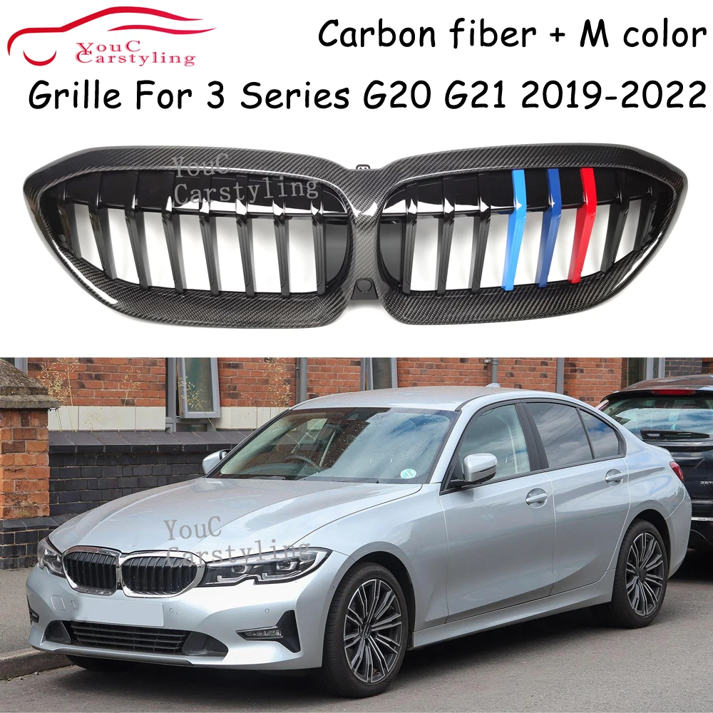 G20 Carbon Fiber 1-Slat Gloss M Color Front Grills Kidney  Replacement Grille For BMW New 3 Series G21 G28 2019 -2022