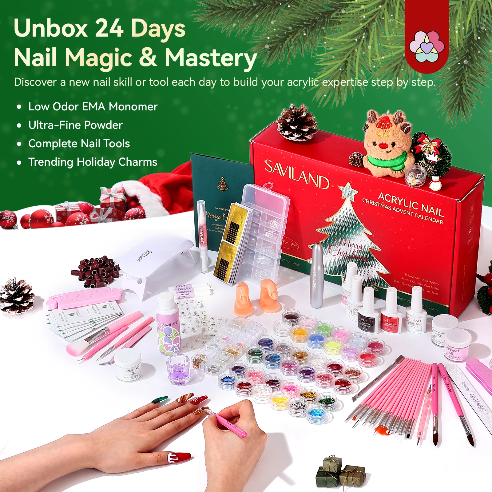 SAVILAND 24-Tage-Weihnachts-Acryl-Nagelset, Adventskalender mit Nagelbohrer und Aufklebern, Urlaubs-Maniküre-Geschenkset für Frauen