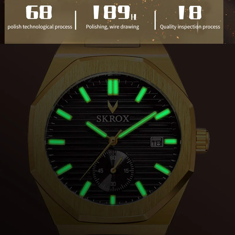 Skrox design original octogonal data relógios automáticos topo de luxo homem relógio ouro à prova dwaterproof água aço mecânico elegante pulso masculino