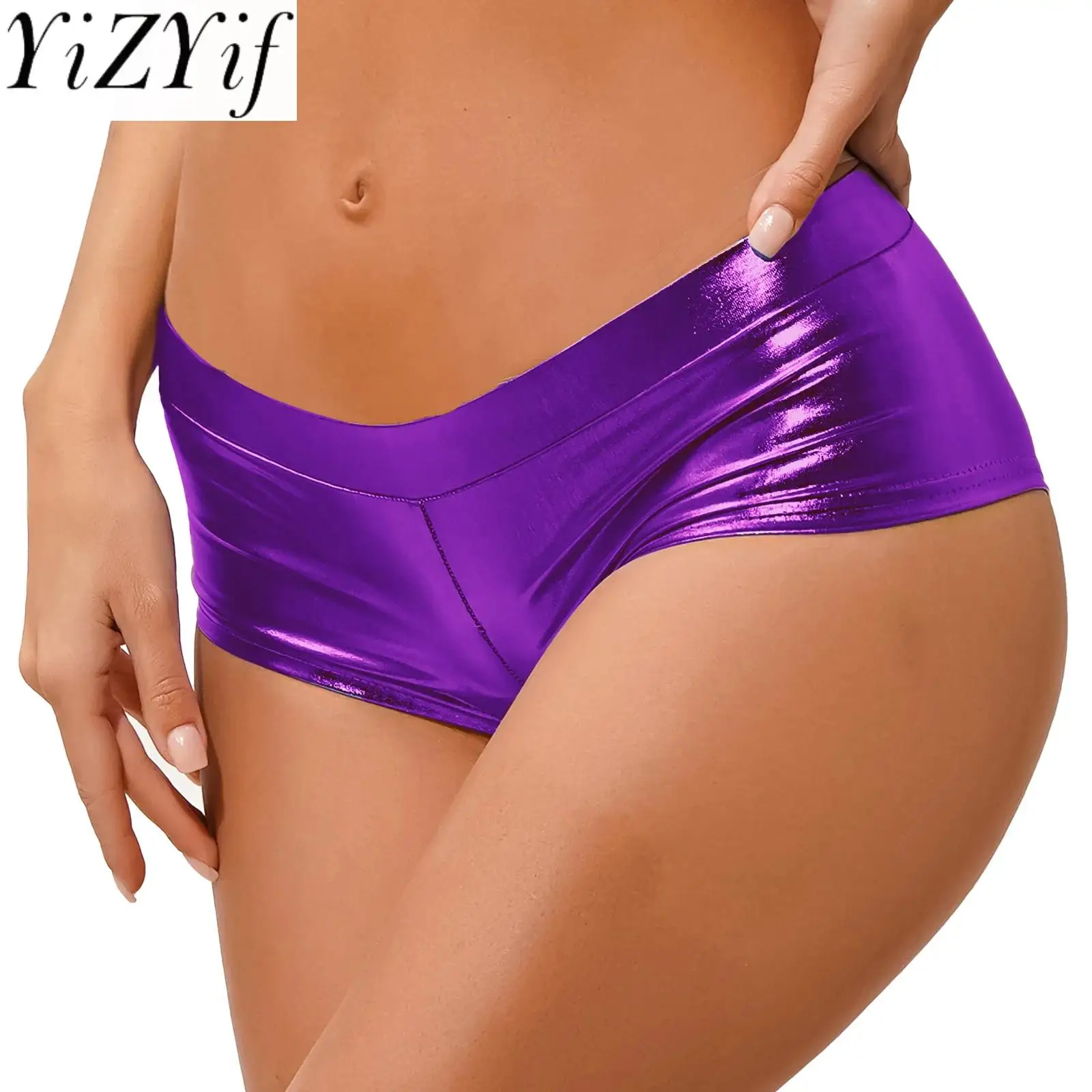 

Womens Metallic Booty Shorts Low Waist Shiny Hot Pants Rave Bottoms for Jazz Pole Dance Festival Costumes Sexy Party Club Shorts