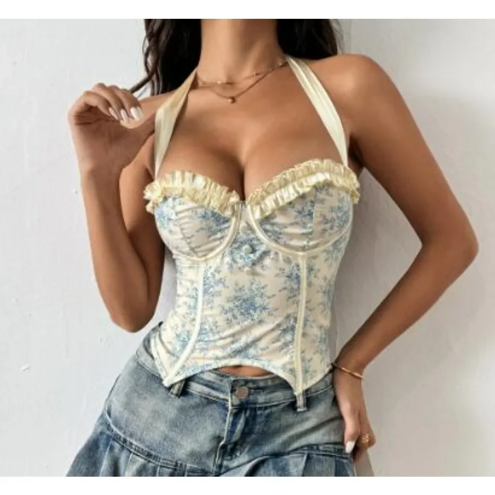 

Sexy Hotsweet Print Halter Bandage Slim Corset Slim Chic Ins Bustier Tank Top Basic Club Fashion Off Shoulder Summer Crop Top