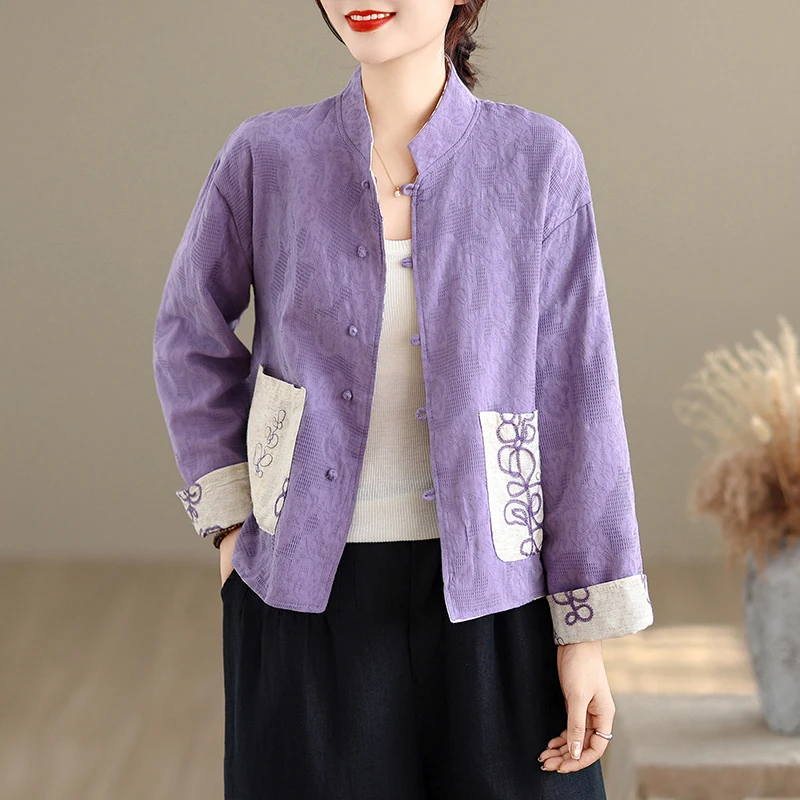 Elegant Cotton Linen Embroidery Casual Open Cardigan for Women Lucky Lotus Design Ageless Fashion Autumn Wear Versatile Style