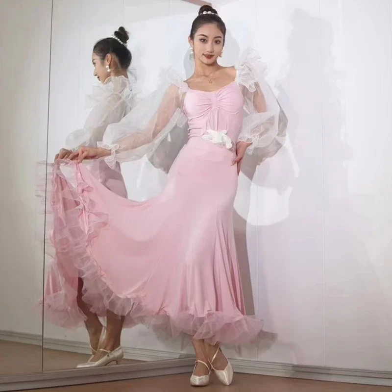 

New Ballroom Dance Dress Women Performance Costume Pink Tops Skirt Adult Waltz Dance Clothes Prom Competition Dresses BL11074