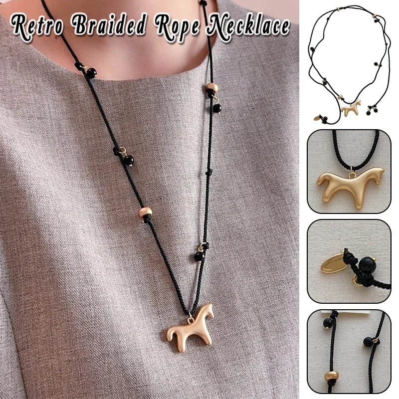 

Cartoon Horse Multicolor Beads Pendant Necklace Women Adjusting Rope Sweater Chain Women Chokers Fashion Jewelry Accessories