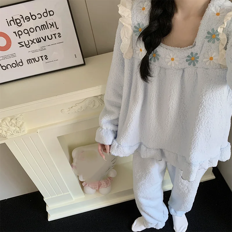 Pijamas de mujer para niña, Otoño Invierno, nuevo modelo, conjunto de pijama de algodón con forro polar dulce, ropa de dormir cómoda para niña gruesa, traje para casa