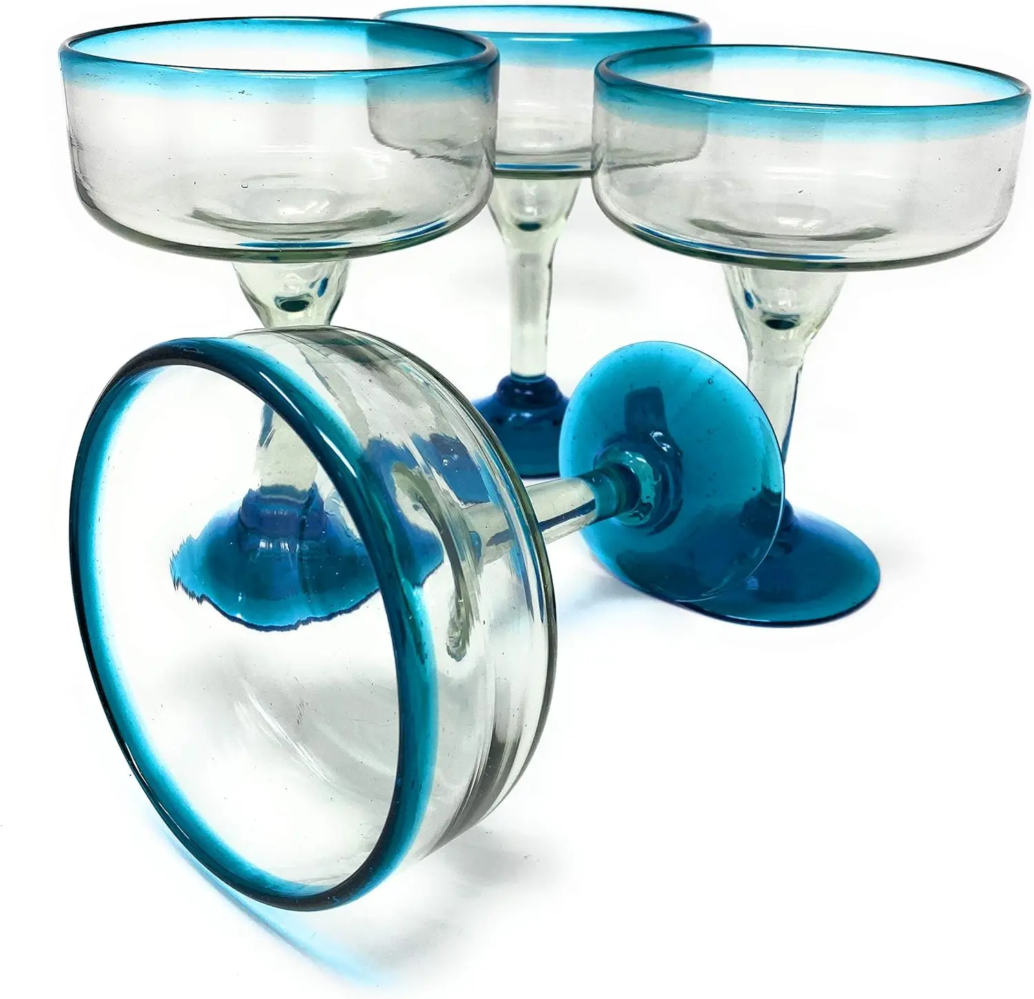 

Hand Blown Glass Margarita Glasses Set of 4 with Aqua Blue Rims, 16 oz Capacity