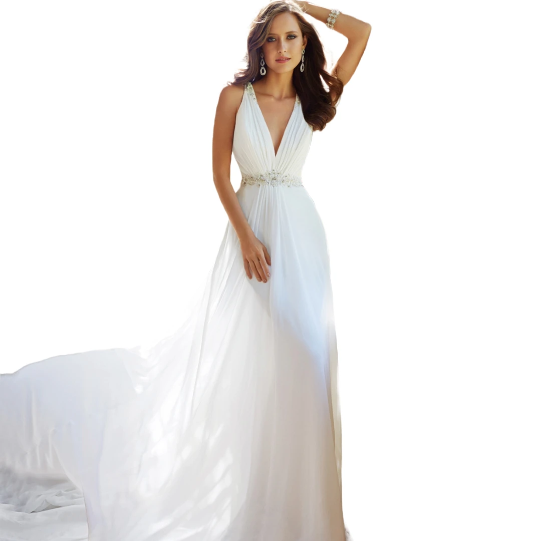 Glamorous Plunging V-Neck Wedding Dress with Cinched Waist Sleek Chiffon Bridal Gown Elegant Draping Regal Train Illusion Back