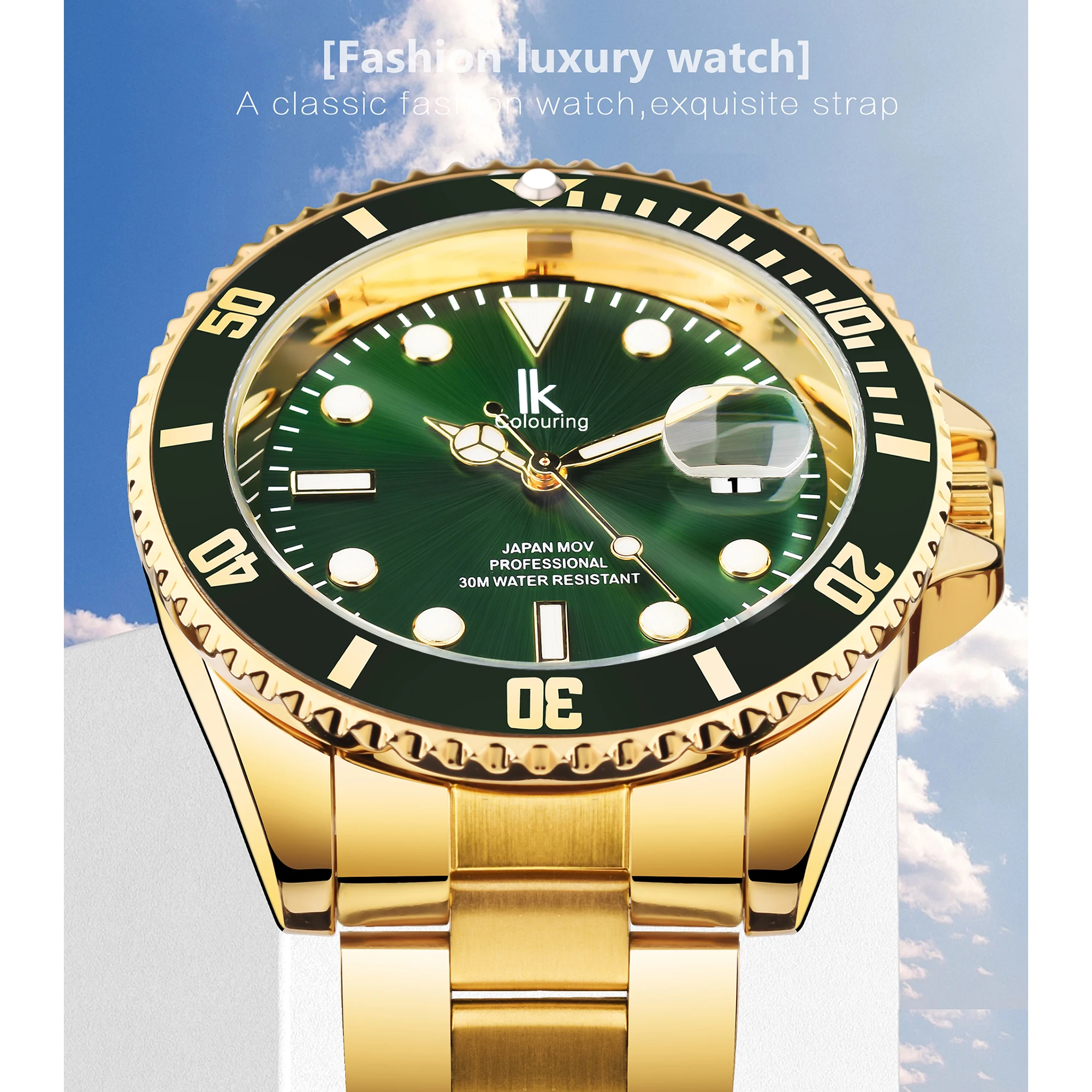 IK Coloring 2022 Luxury Brand Design Green Bezel Waterproof Clock Mens Quartz Golden Stainless Steel Calendar Sport Wristwatches