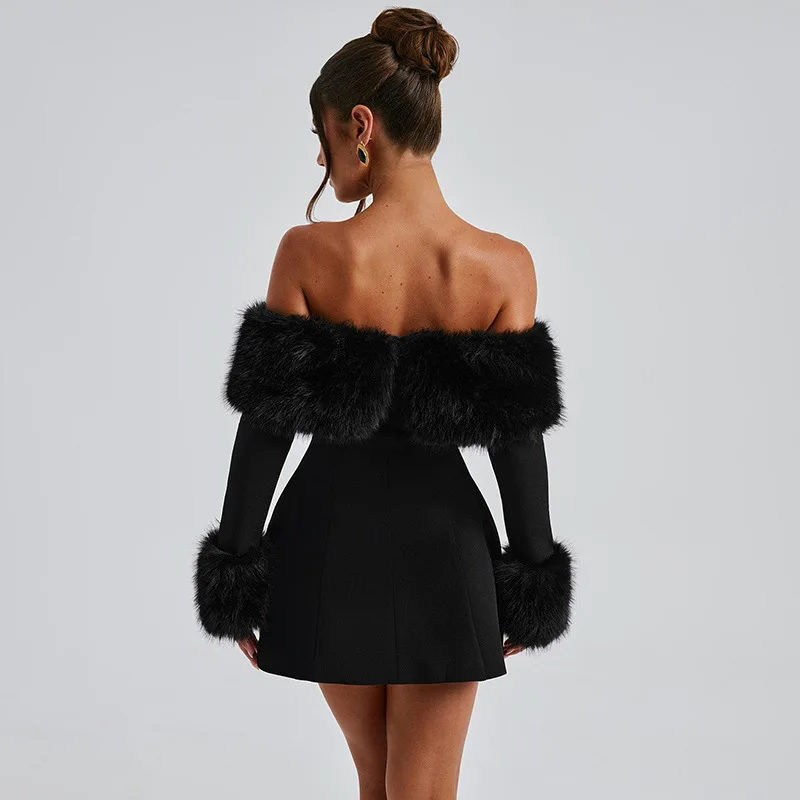 Minivestido negro elegante con cuello de piel esponjosa para mujer, vestidos acampanados de manga larga con hombros descubiertos, Vestido corto Sexy de fiesta de noche para mujer