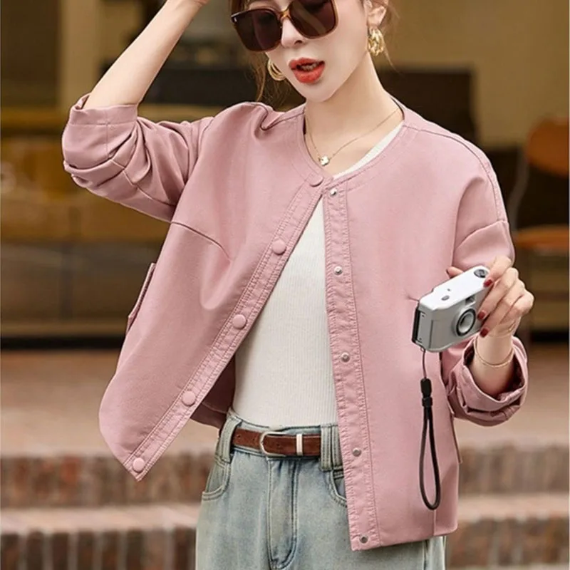 Pink Round Neck Leather Jacket Women Short Coat 2026 Spring Autumn new Casual Temperament Windproof Waterprooftop Outerwear