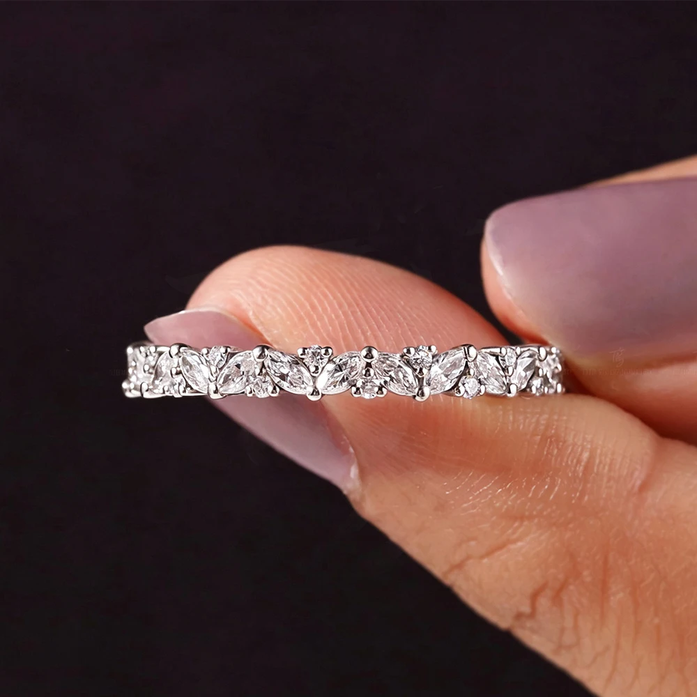 BXINY Marquise&Round Cut Moissanite Ring 925 Sterling Silver Certified Diamond Full Eternity Stackable Band for Her Fine Jewelry