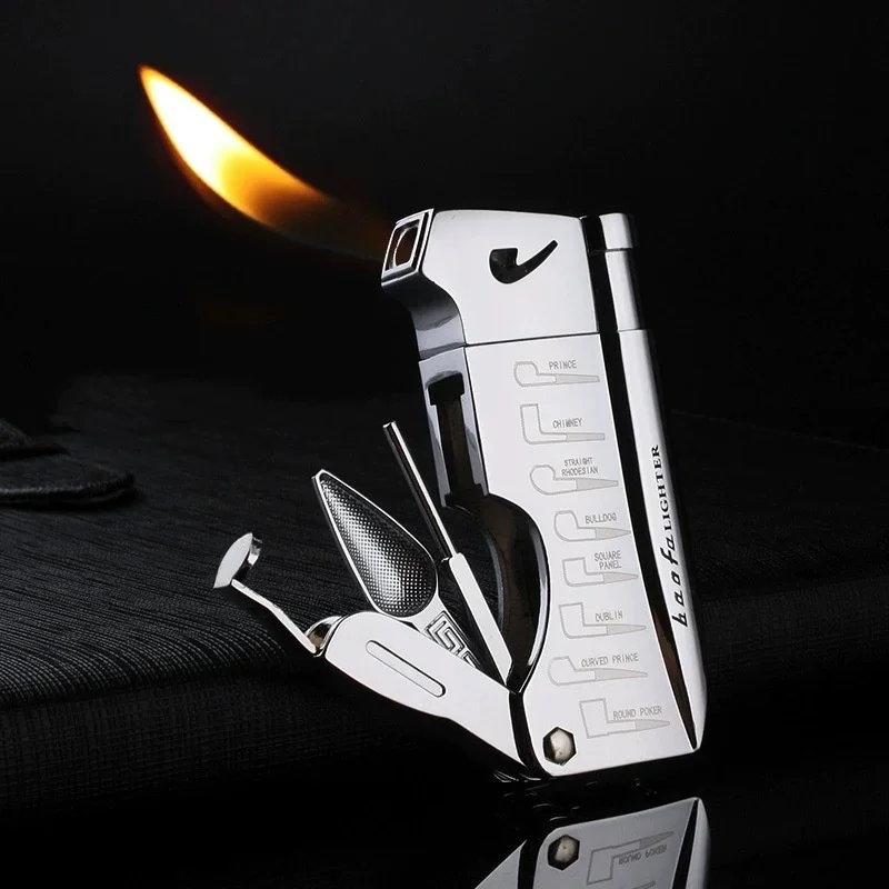 New Multifunctional Pipe Butane Gas Lighter Side Press Open Flame Metal Body Comes With Folding Tool Practical Gift