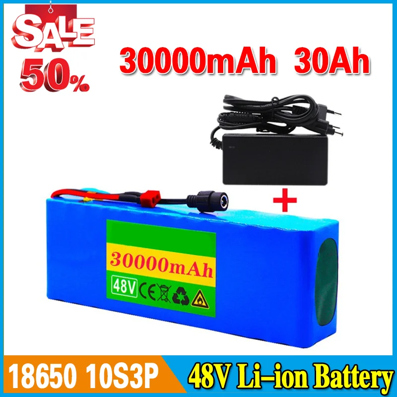 

48V 30000mAh 30Ah 18650 Rechargeable Lithium Battery Pack 10S3P Power Modified Bicycle Scooter Electric Vehicle +charger