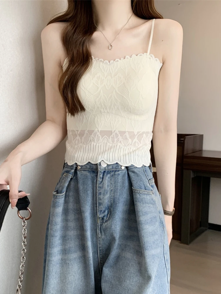 

Lace Bal Strap Vest Women's Inner Wear Summer New Sle Ice Silk Sl Base Top Small Strap Tank Top Hollow out Wave ...