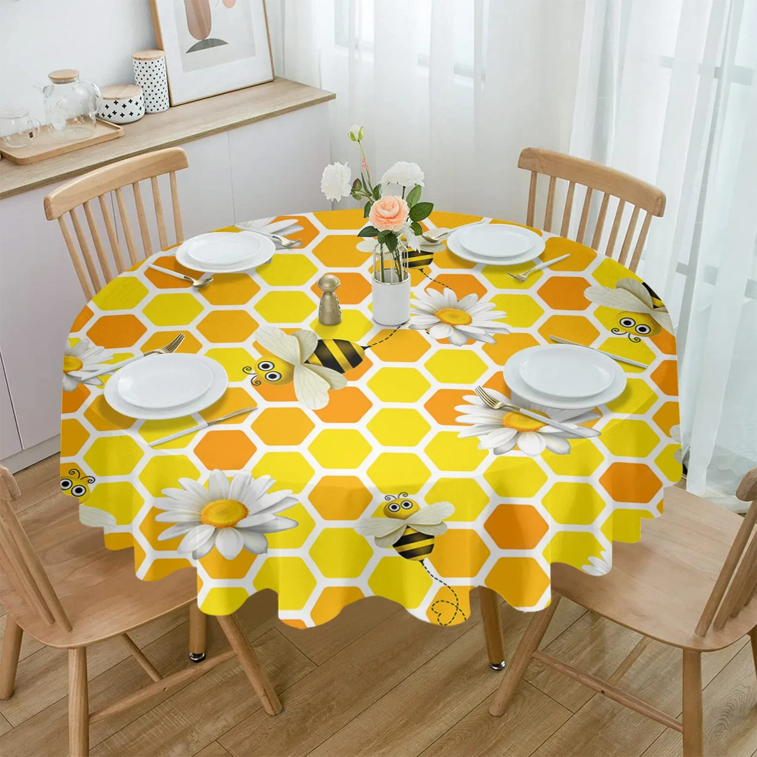 Spring Bee Daisy Honeycomb Texture Rectangular Tablecloth Dustproof Picnic Cloth Home Decoration Kitchen Waterproof Table Cover