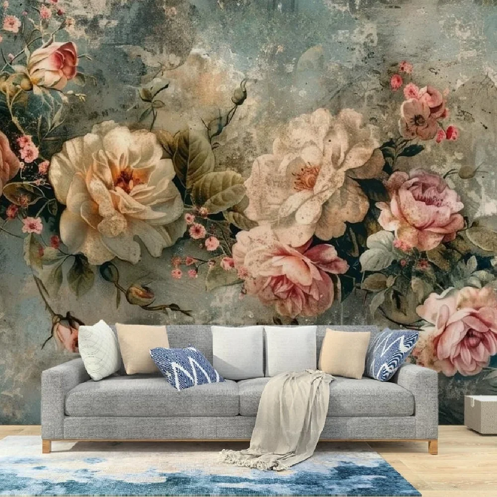 Customized Nordic retro three-dimensional peony flower wallpaper pastoral flower living room sofa background wall hotel mural