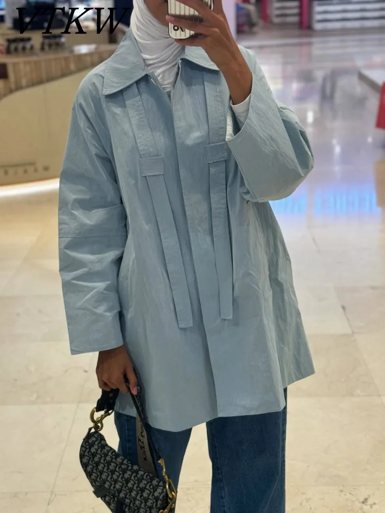 

VTKW без воротника, свободный чистый цвет, универсальный дизайн, весенняя женская одежда 2025 года, пиджак, высококачественное шифоновое пальто на шнуровке