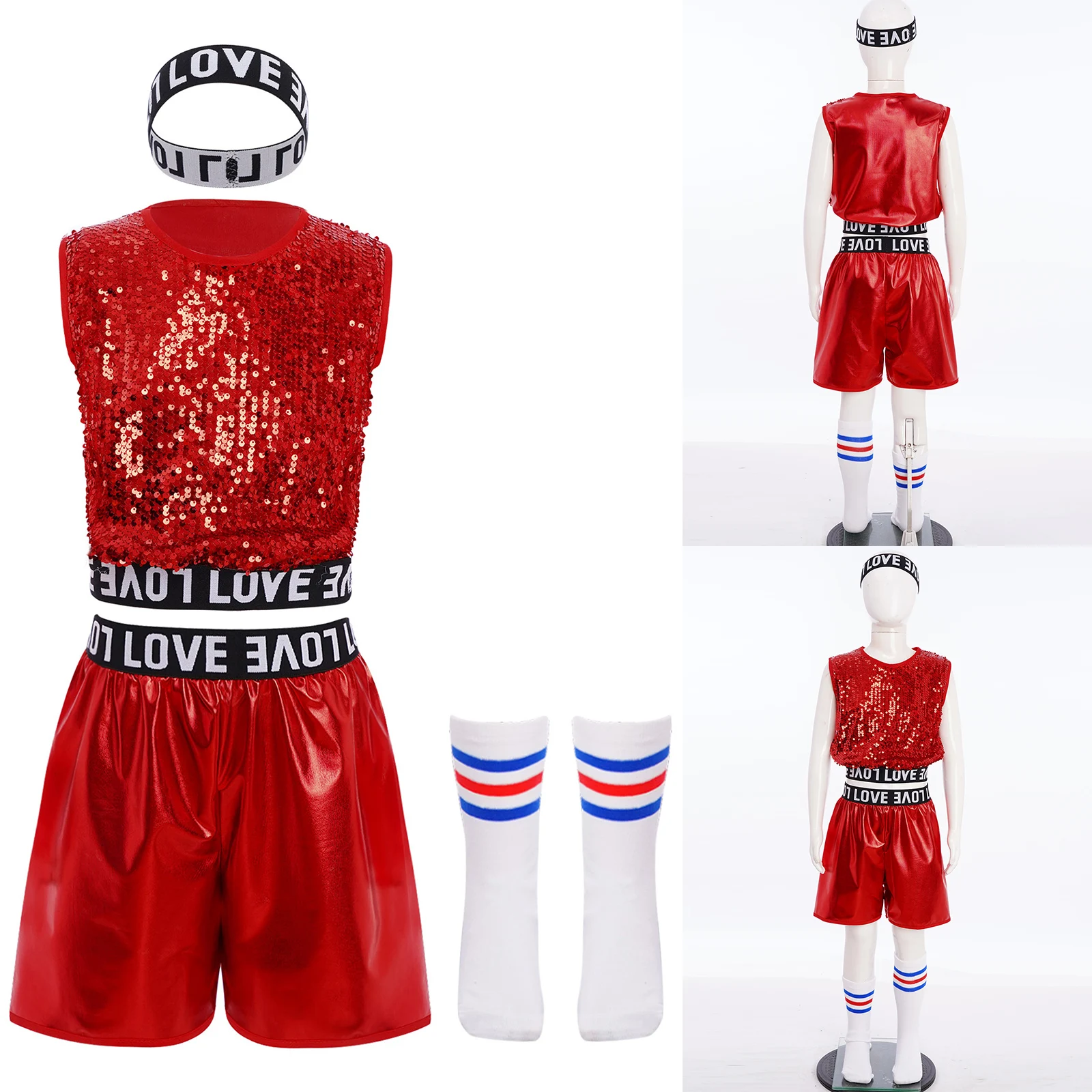 

Sparkling Sequins Hip-Hop Jazz Dance Costume for Boys Vest with Metallic Shorts Hairband And Striped Socks Performance Outfits